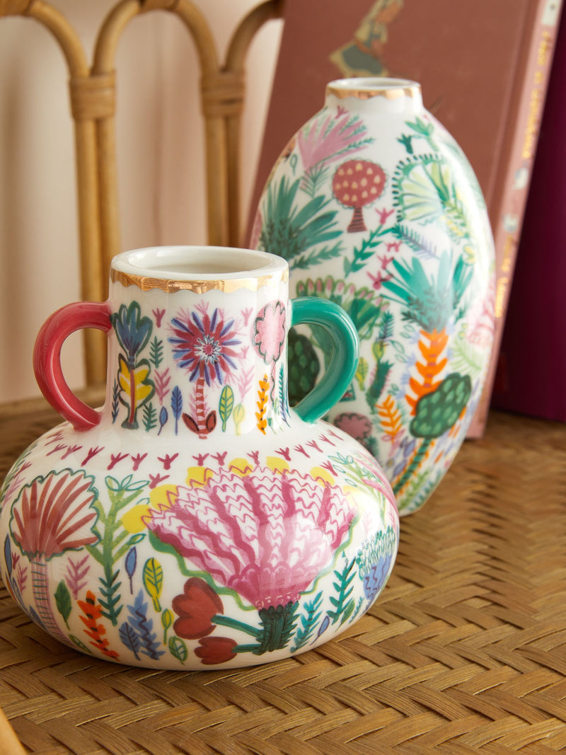 Lucy Tiffney floral ceramic vases in cream, pink, and green, UK version