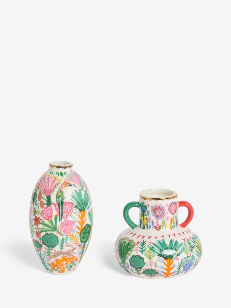 Lucy Tiffney floral ceramic vases in cream, pink, and green, UK version