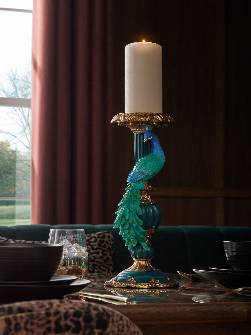 Teal Blue Benedict Peacock Pillar Candle Holder 36cm Height (British brand)