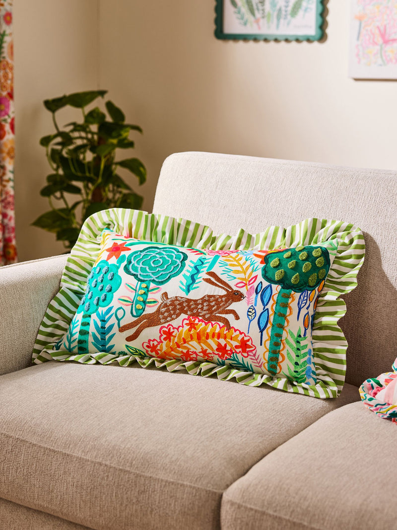 Lucy Tiffney green run rabbit embroidered ruffle cushion (British brand)