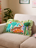 Lucy Tiffney green run rabbit embroidered ruffle cushion (British brand)