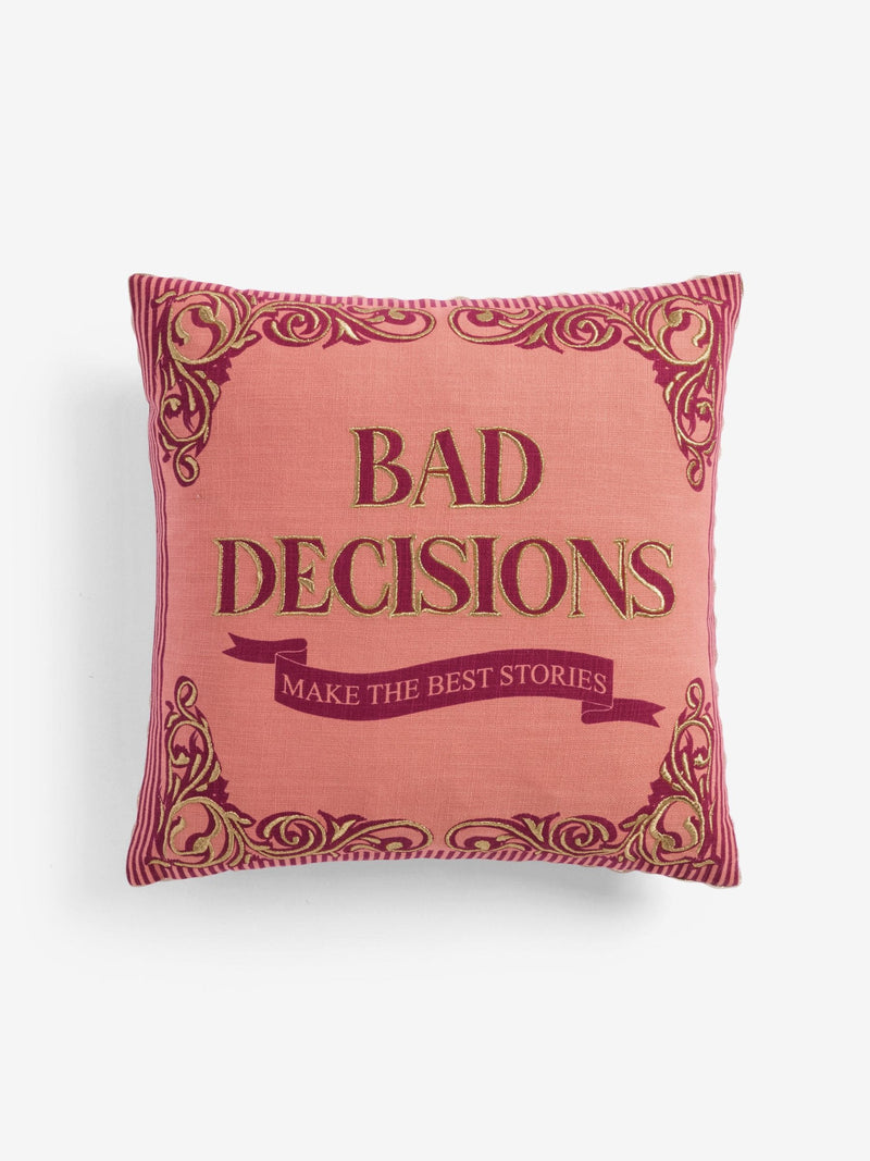 Rockett St George pink embroidered Bad Decisions slogan cushion 45cm (British brand)
