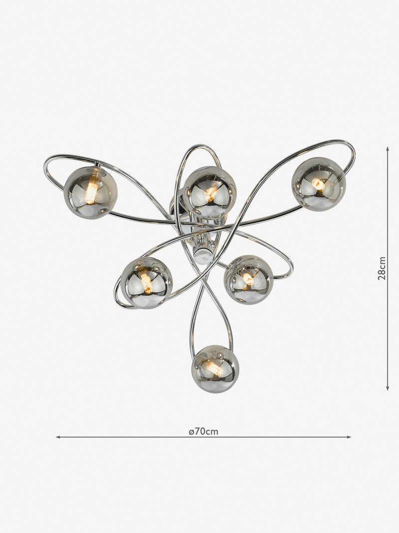 Dar Lighting Lysandra semi-flush light chrome smoked glass, imported from the UK