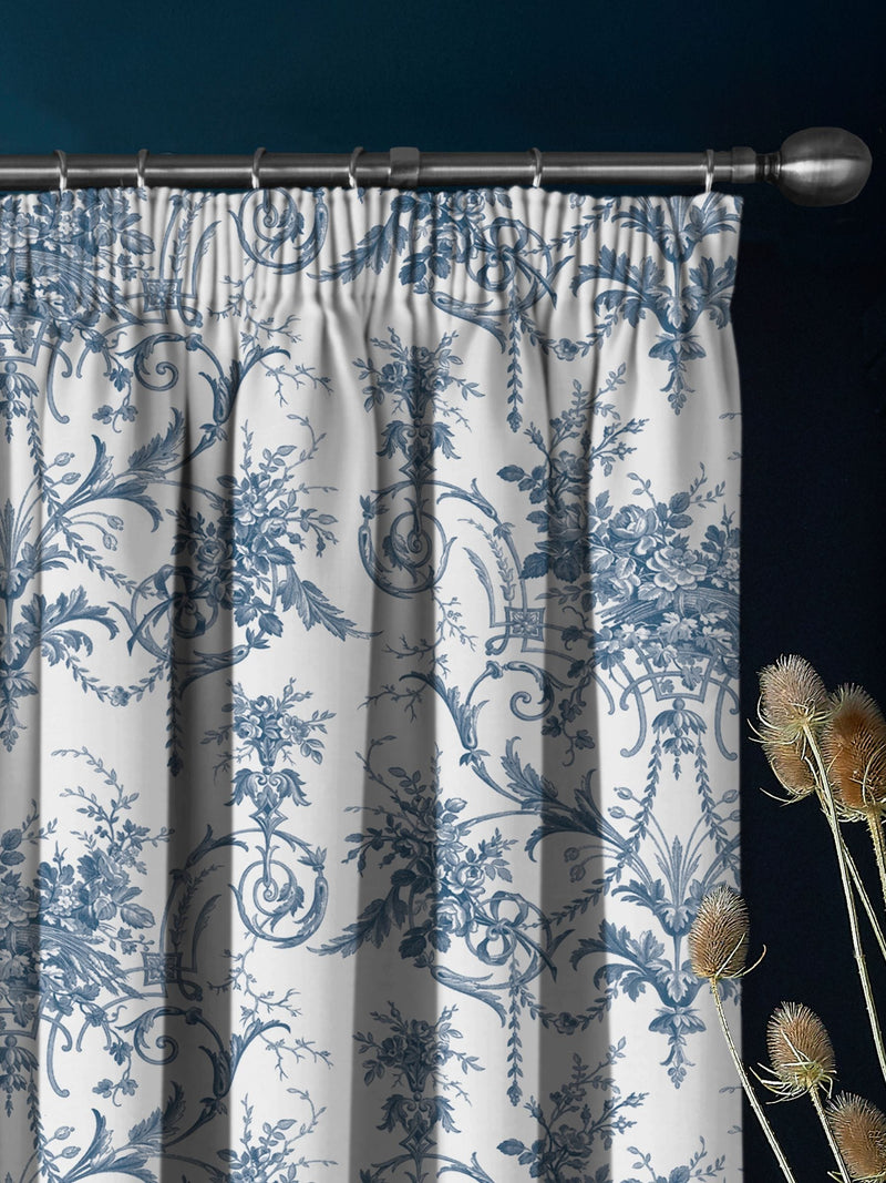 Laura Ashley Blue Tuileries pencil pleat curtains, imported from the UK