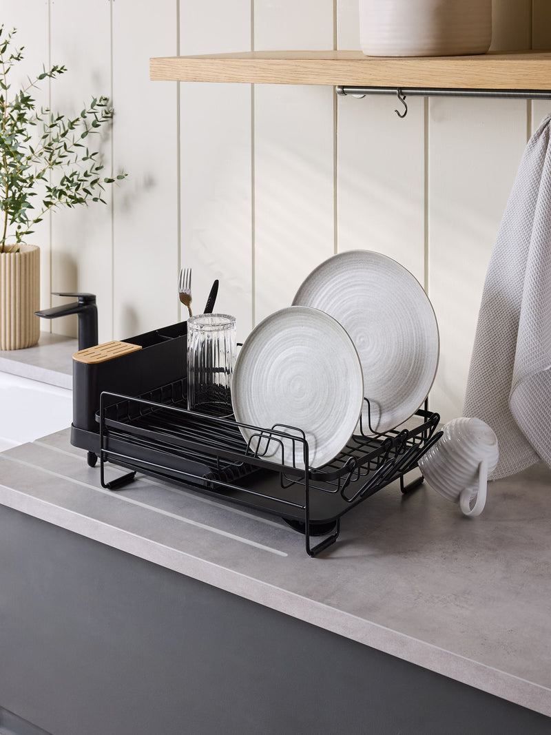 Black extendable drainer with cutlery holder - British product