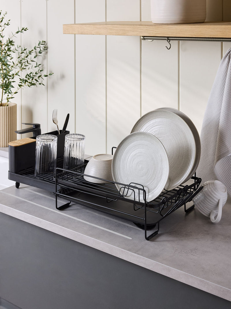 Black extendable drainer with cutlery holder - British product