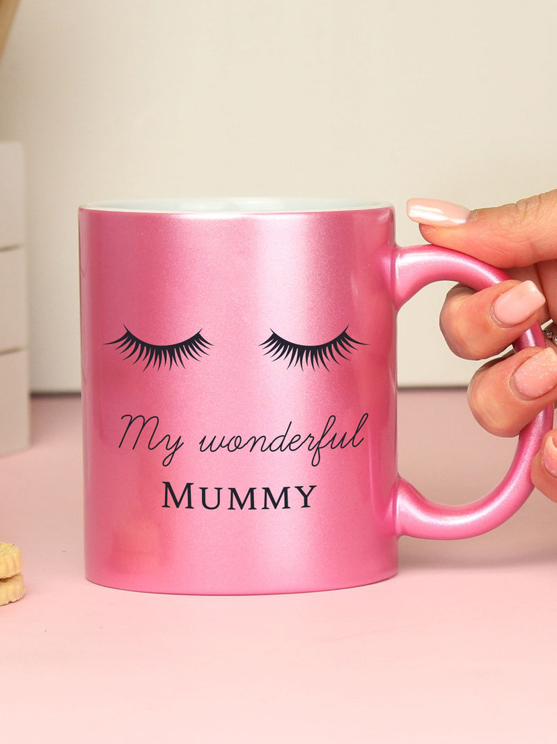 PMC pink personalised eyelashes glitter mug, imported from the UK