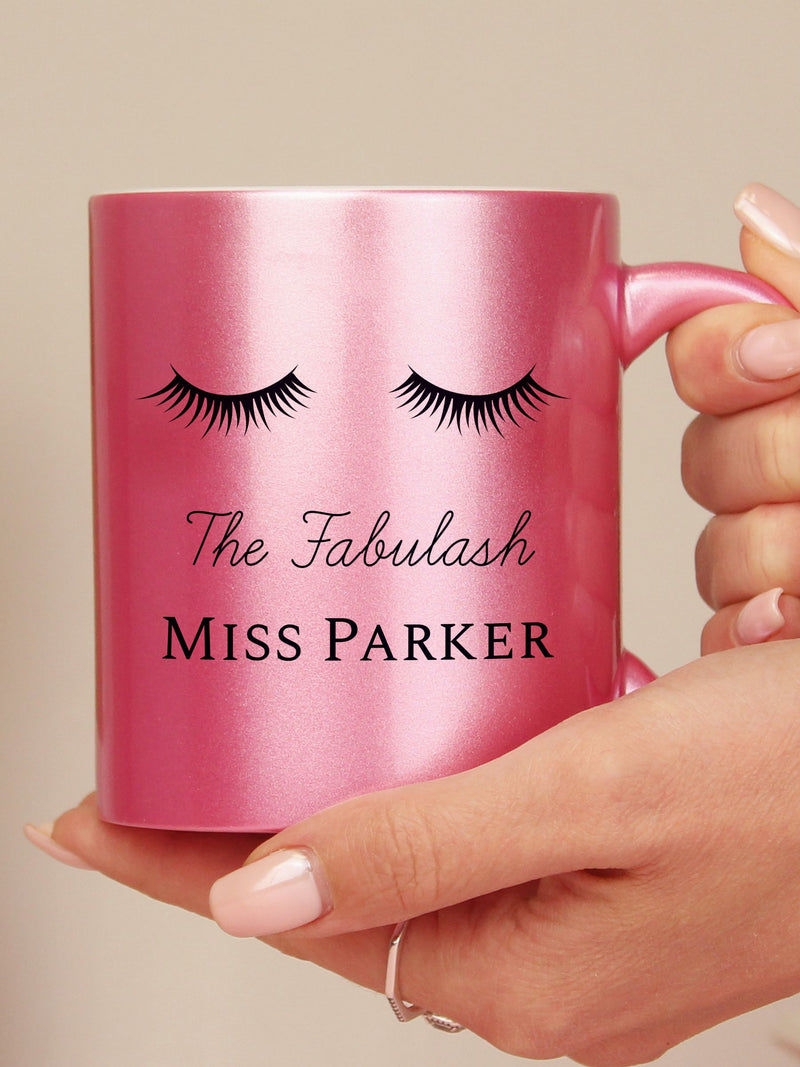PMC pink personalised eyelashes glitter mug, imported from the UK