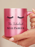 PMC pink personalised eyelashes glitter mug, imported from the UK