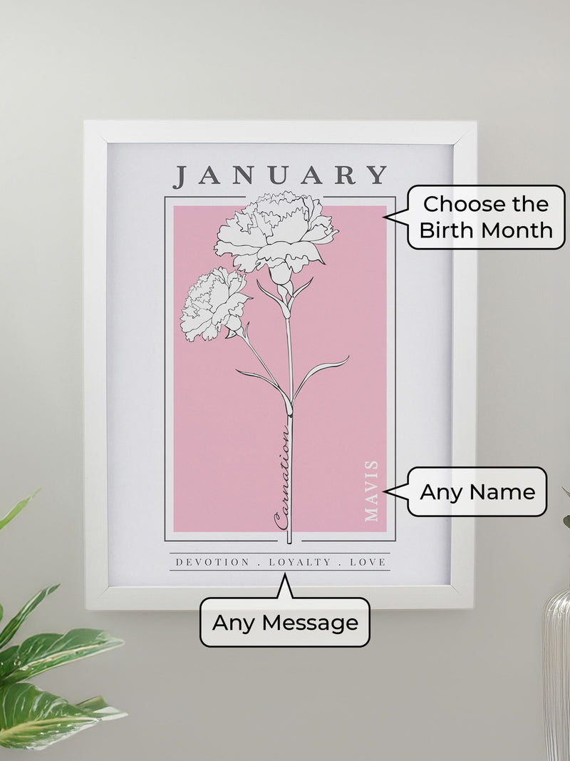 PMC birth flower A4 framed print, imported from the UK