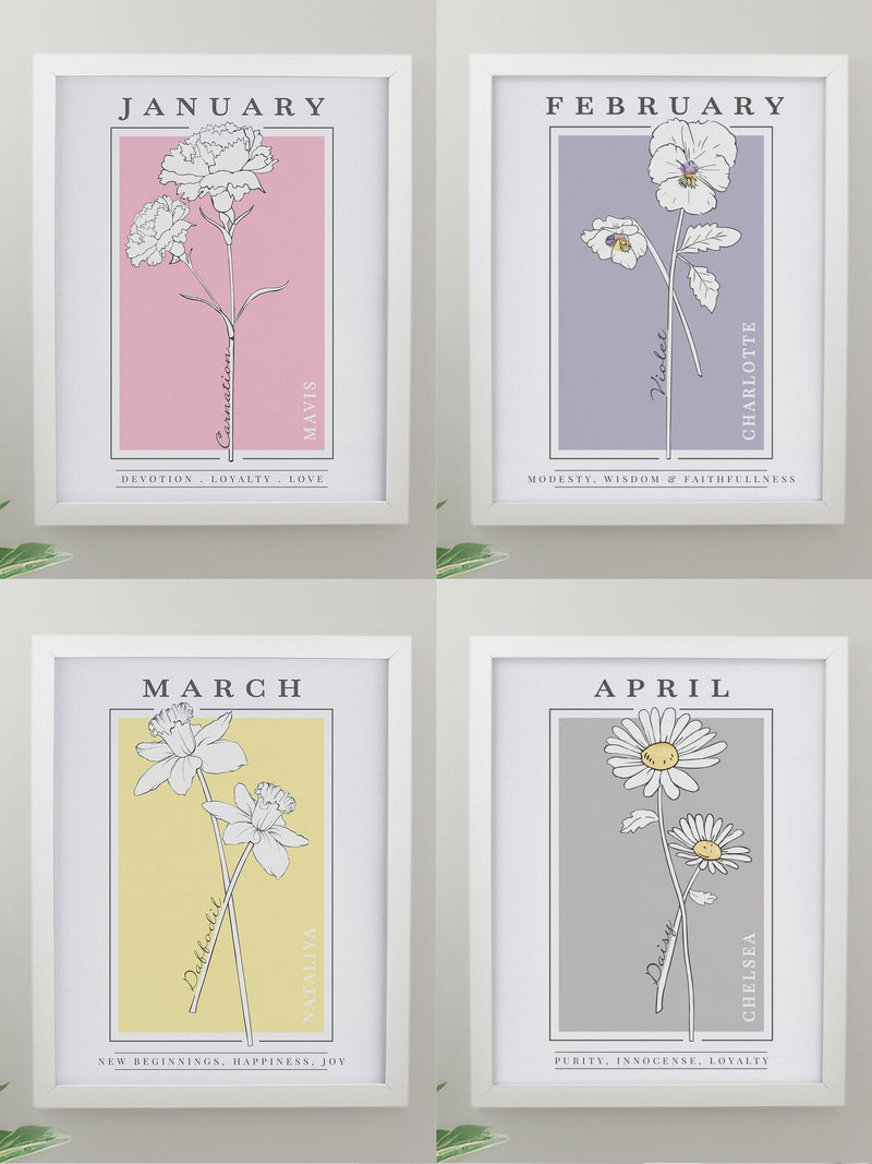 PMC birth flower A4 framed print, imported from the UK