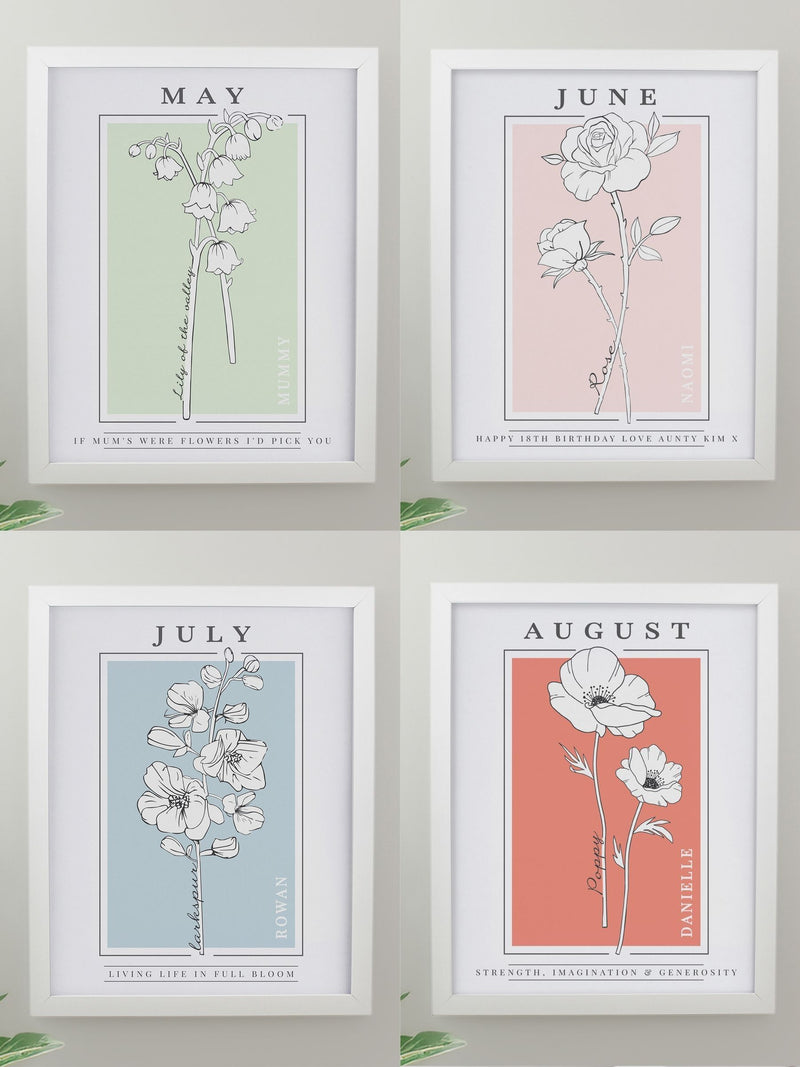 PMC birth flower A4 framed print, imported from the UK