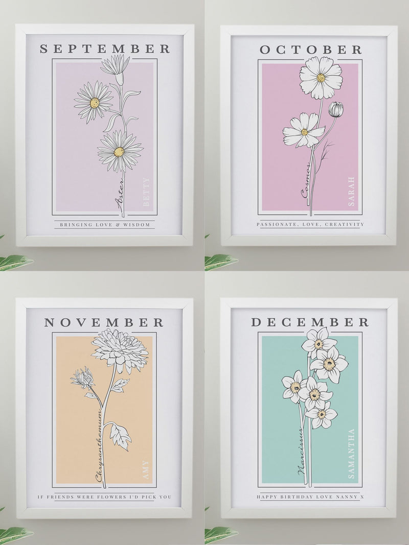 PMC birth flower A4 framed print, imported from the UK