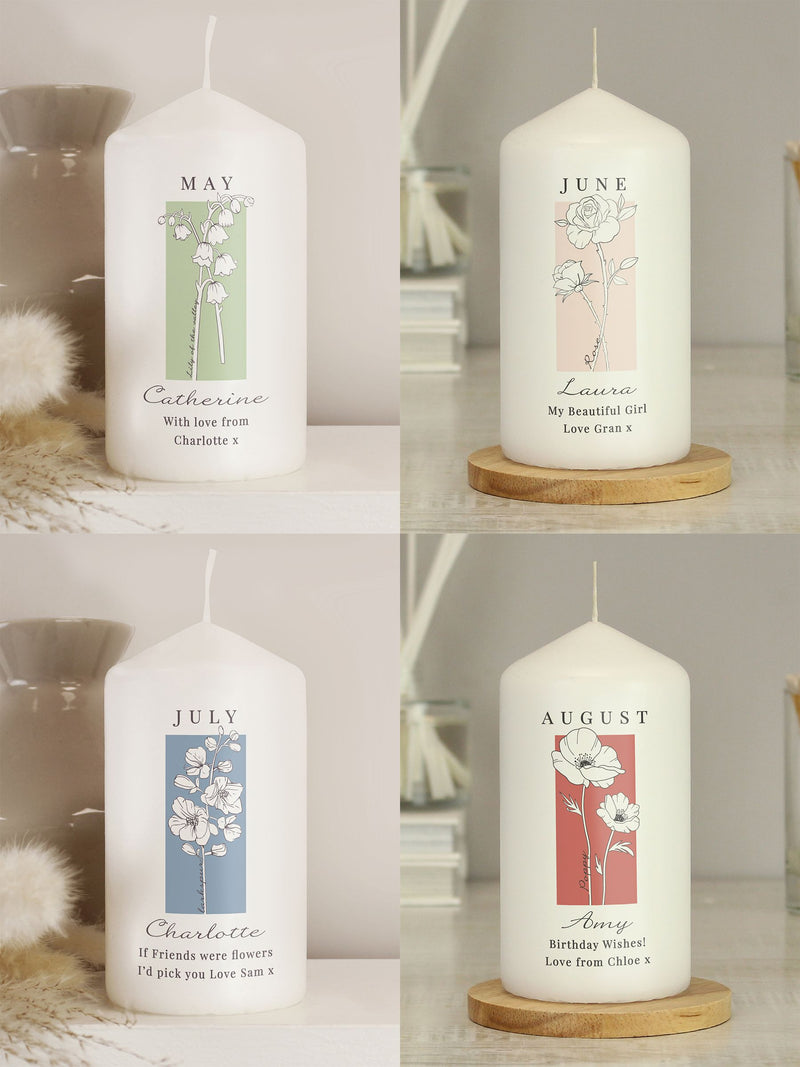PMC birth flower pillar candle with personalisation, UK version
