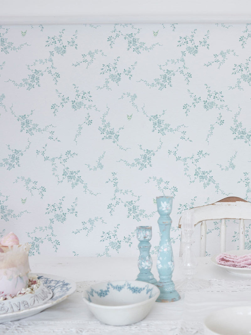 Shabby Chic Duck Egg Butterflies wallpaper 10m roll, imported from the UK