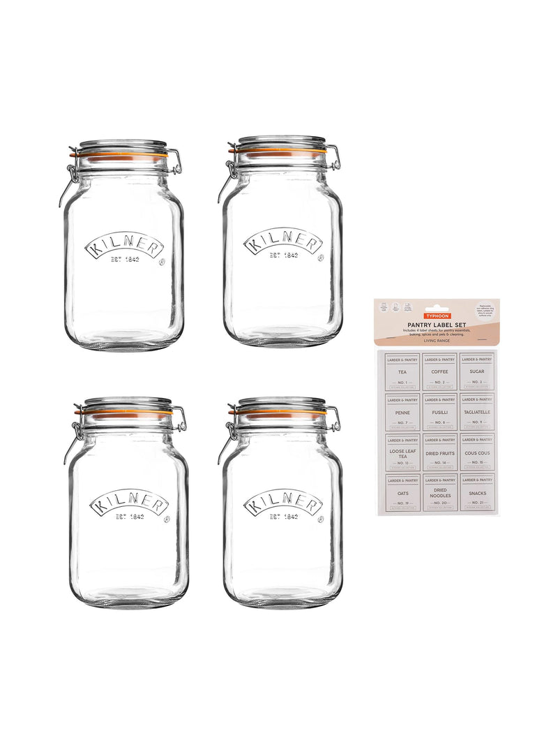 Kilner 1.5L square clip top jars and pantry labels set, UK version
