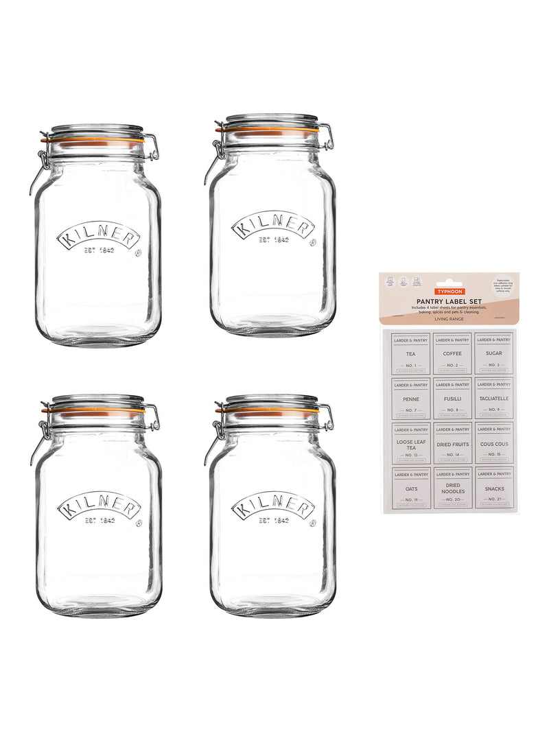 Kilner Clear 2L Square Clip Top Jars and Pantry Labels Set of 3