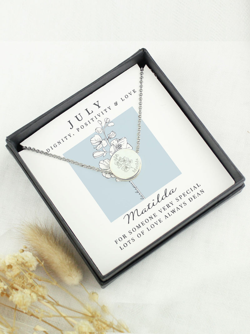 PMC personalised July birth flower necklace with larkspur, UK version