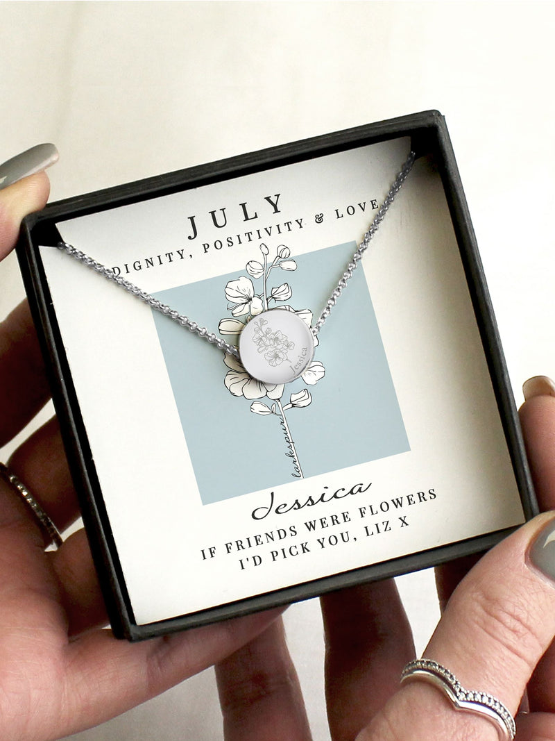 PMC personalised July birth flower necklace with larkspur, UK version
