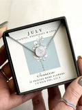 PMC personalised July birth flower necklace with larkspur, UK version