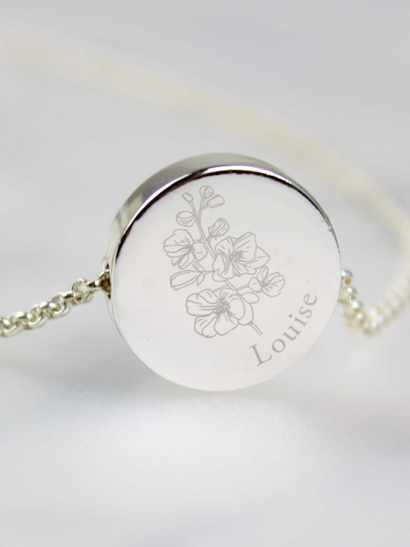 PMC personalised July birth flower necklace with larkspur, UK version