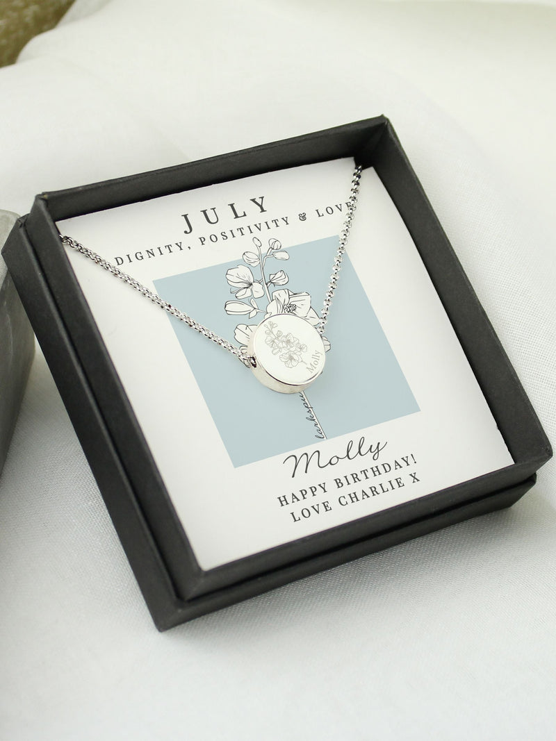 PMC personalised July birth flower necklace with larkspur, UK version