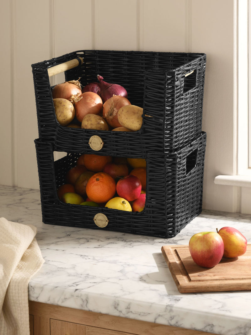 Set of 2 Black Plastic Wicker Kitchen Storage Baskets