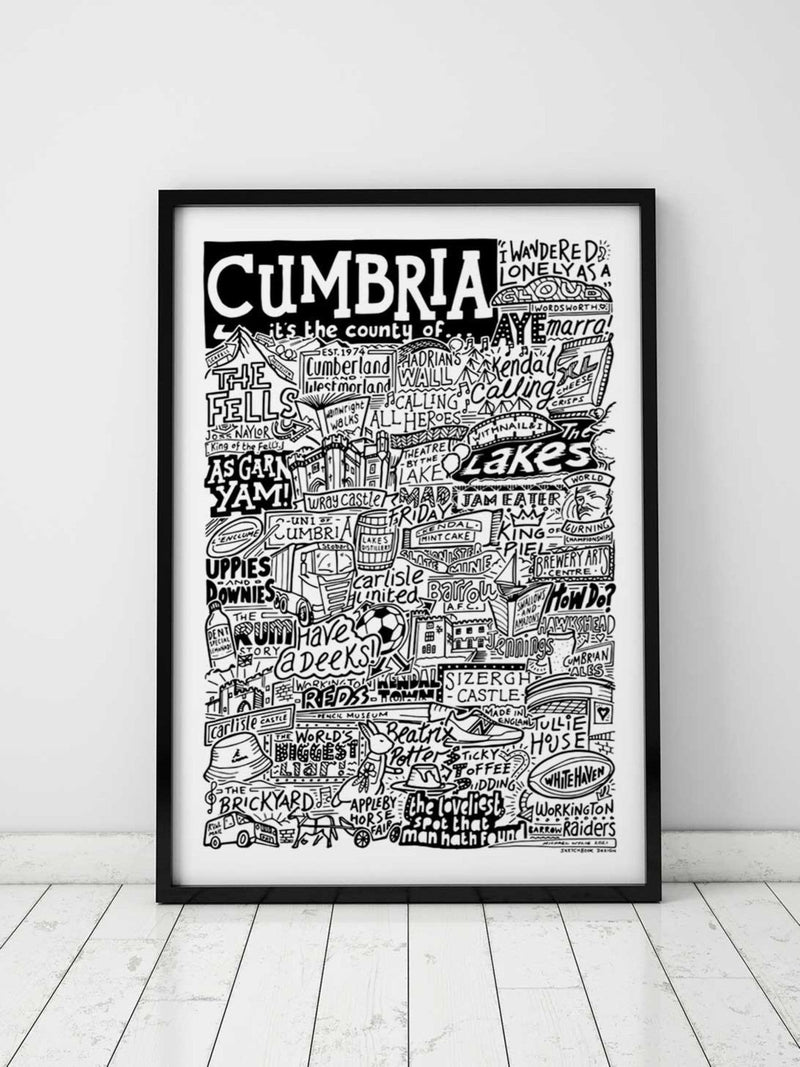 Sketchbook Design Cumbria landmarks framed wall art print A4 (British brand)