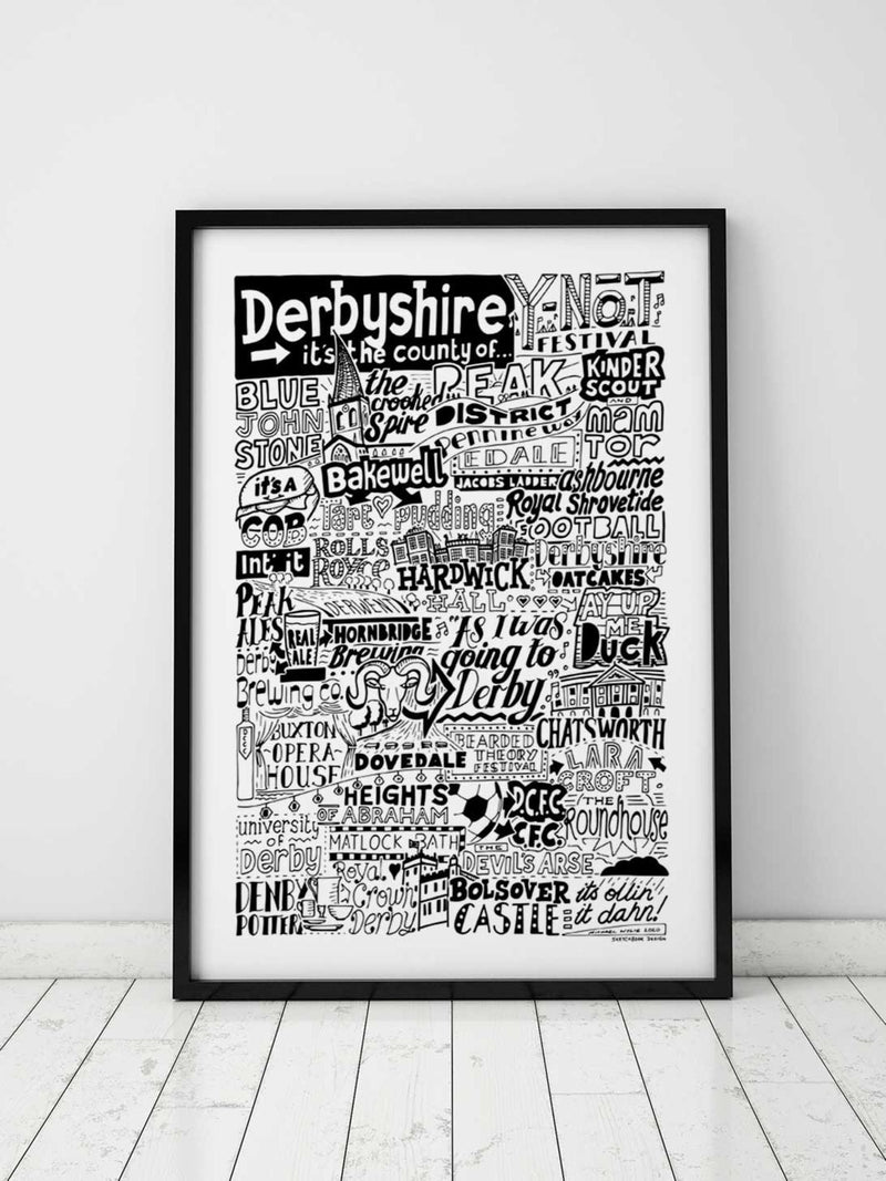 Sketchbook Design Derbyshire landmarks framed wall art print A4, UK version
