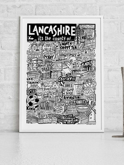 Next Sketchbook Design Black Lancashire Landmarks Illustration White A3 Framed Wall Art Print- Buy online at McGrocer