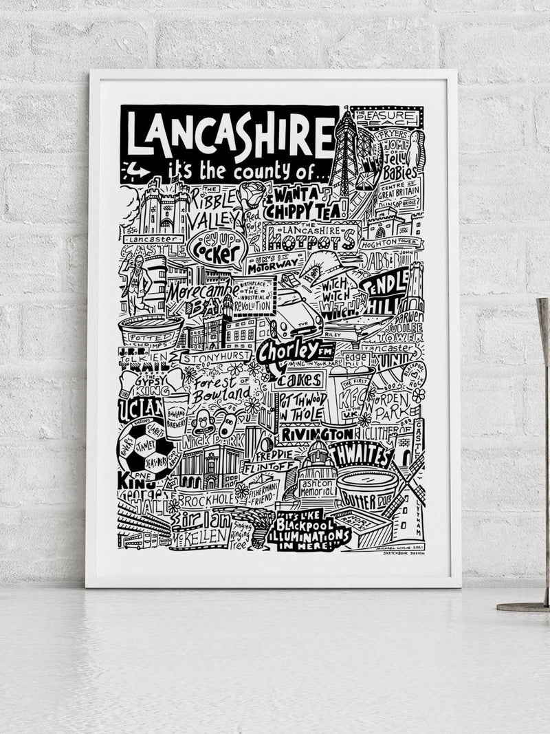 Sketchbook Design Lancashire landmarks framed wall art print A3, UK version