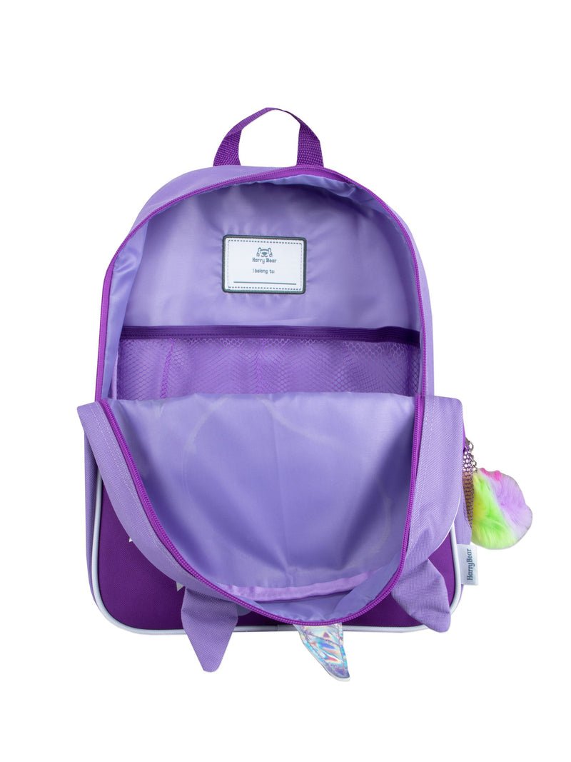 Harry Bear purple unicorn backpack with pom pom keyring, UK version