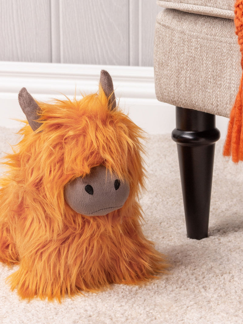 Paoletti orange highland cow faux fur doorstop 25cm, imported from the UK
