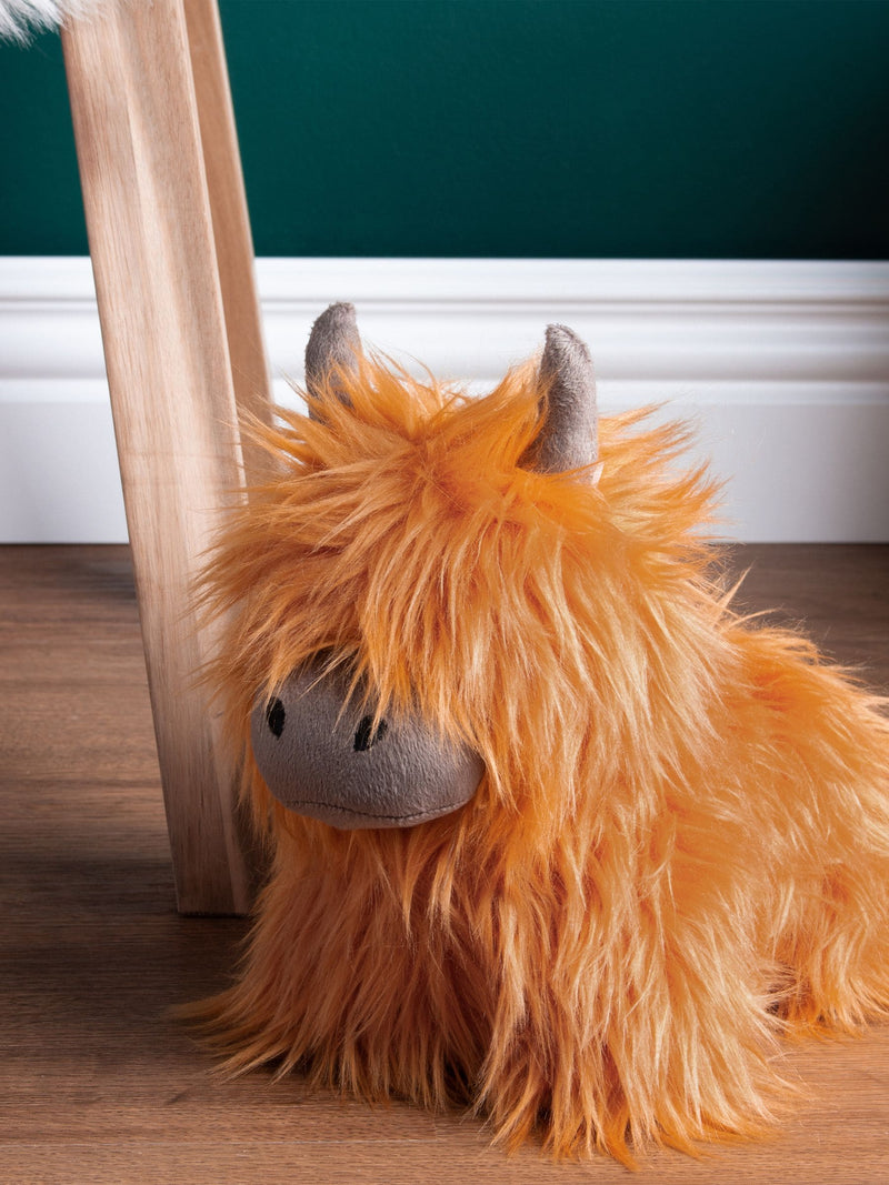 Paoletti orange highland cow faux fur doorstop 25cm, imported from the UK
