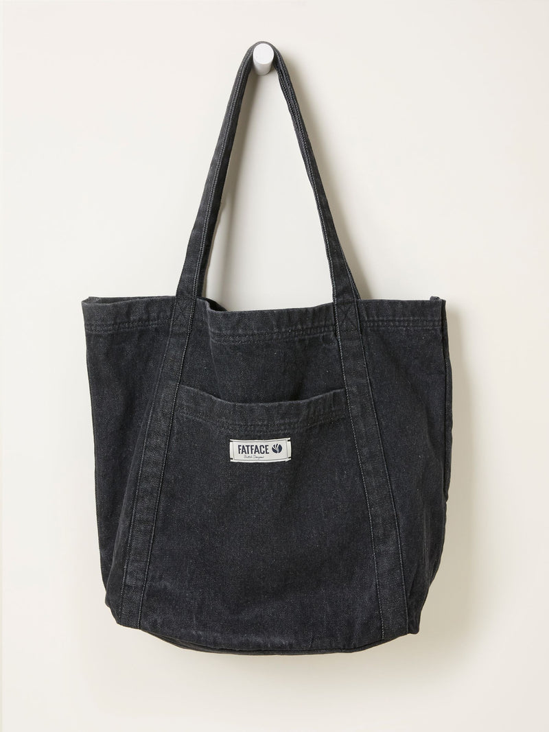 FatFace Astrid black cotton tote bag with front pocket, imported from the UK