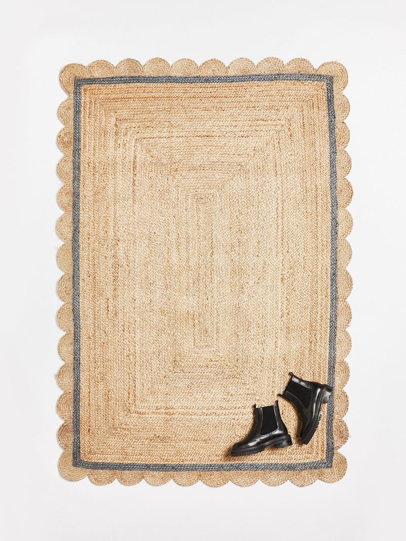 Oliver Bonas grey blue jute rug 140x200cm scalloped border British product