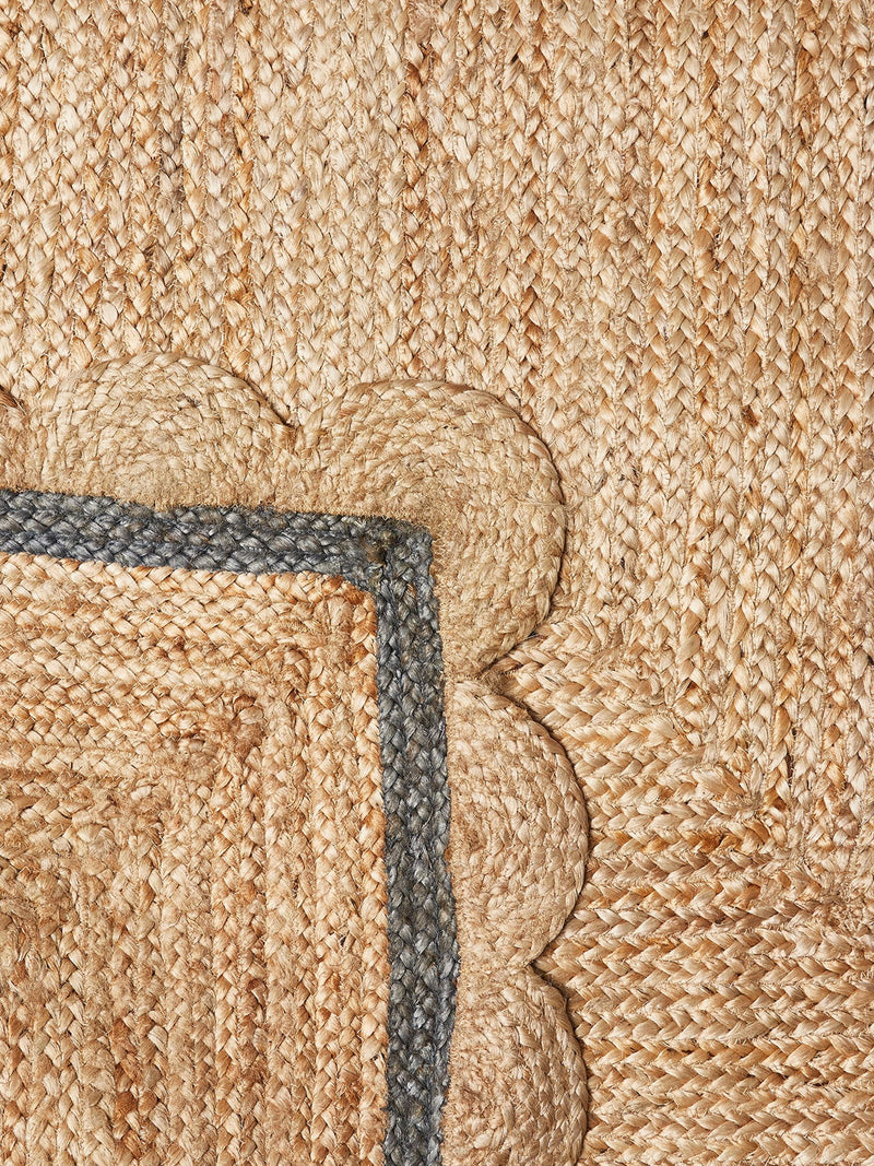 Oliver Bonas grey blue jute rug 140x200cm scalloped border British product