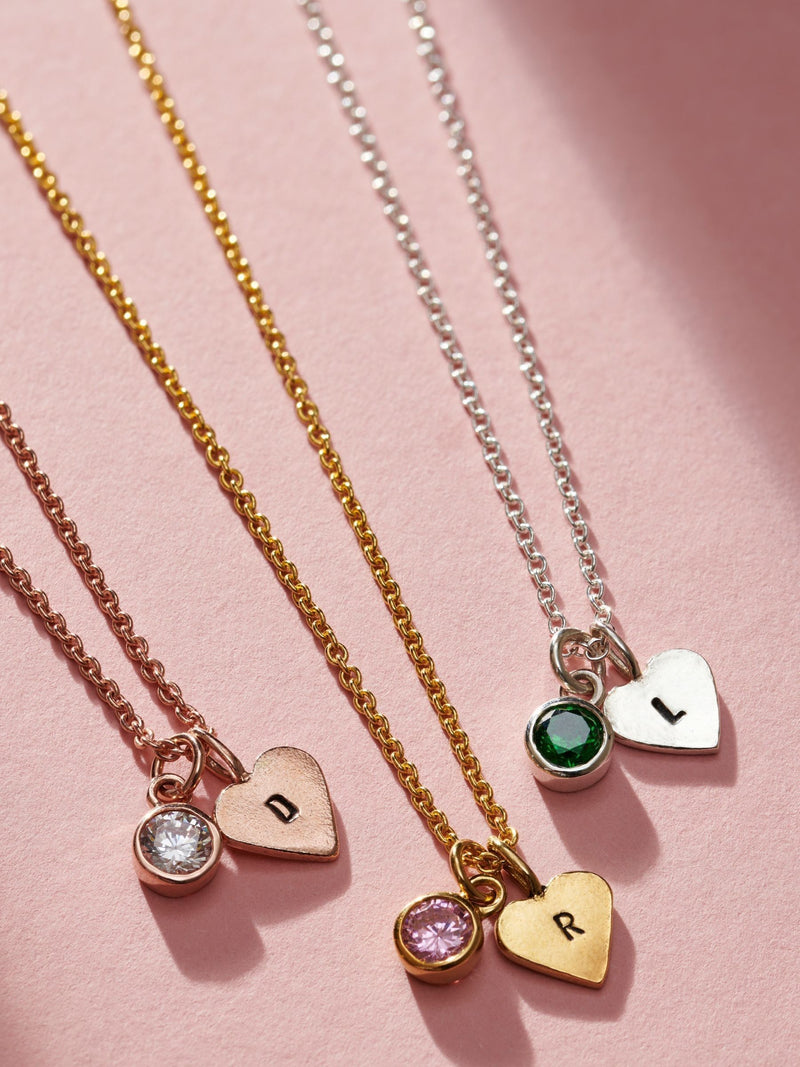 Birthstone Initial Heart Charm Necklace with 18-Inch Sterling Silver Chain