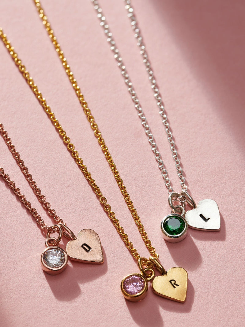 Birthstone Initial Heart Charm Necklace with 18-Inch Sterling Silver Chain