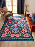 Blue washable Bettie floral rug machine washable, imported from the UK