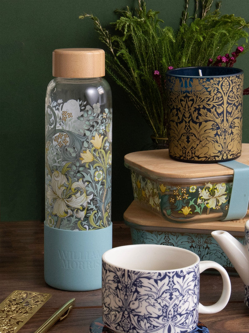 William Morris Blue Golden Lily glass water bottle 600ml (British brand)