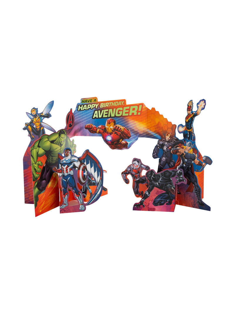 Hallmark birthday card with 3D Marvel Avengers pop-up design, UK version