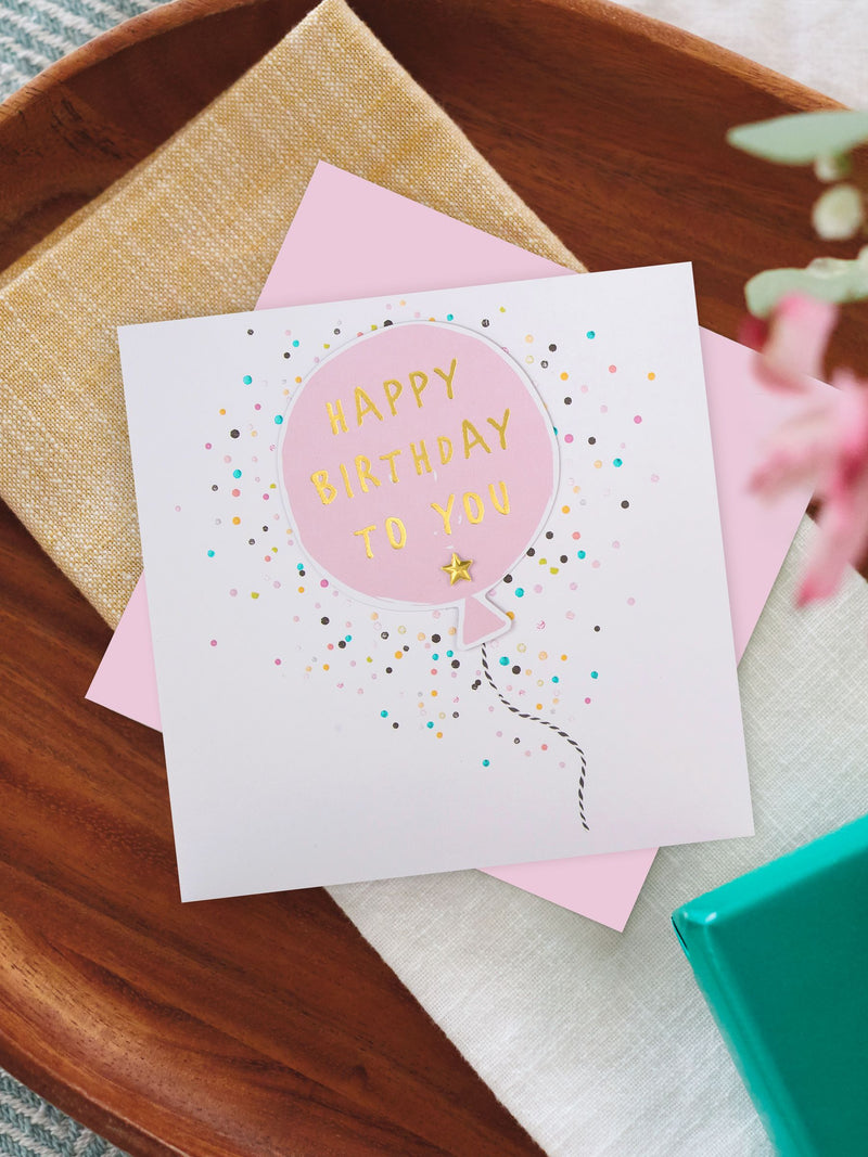 Hallmark pink birthday card with 3D balloon design 19.8cm x 19.8cm, UK version