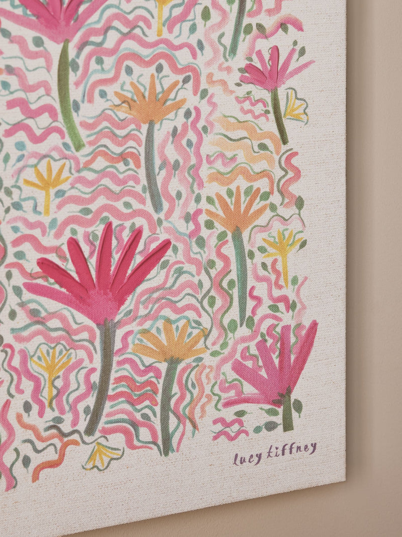 Lucy Tiffney pink canvas wall art with botanical flowers, UK version