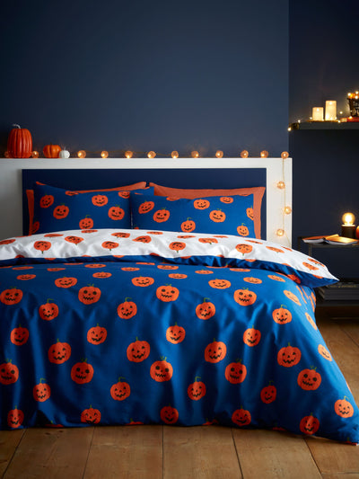 Next Catherine Lansfield Navy Halloween Pumpkins Reversible Duvet Cover and Pillowcase Set- Buy online at McGrocer