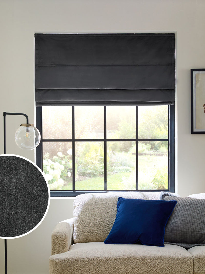 Grey charcoal matte velvet roman blind with blackout lining - British product