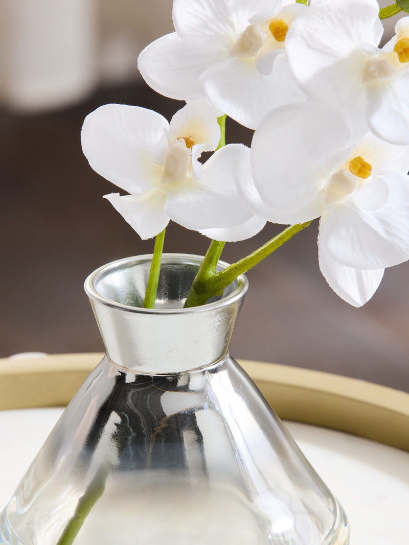 Artificial white orchid in glass vase 23cm tall (British brand)