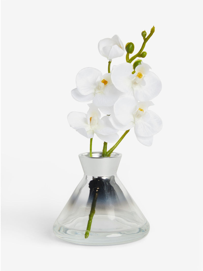 Artificial white orchid in glass vase 23cm tall (British brand)