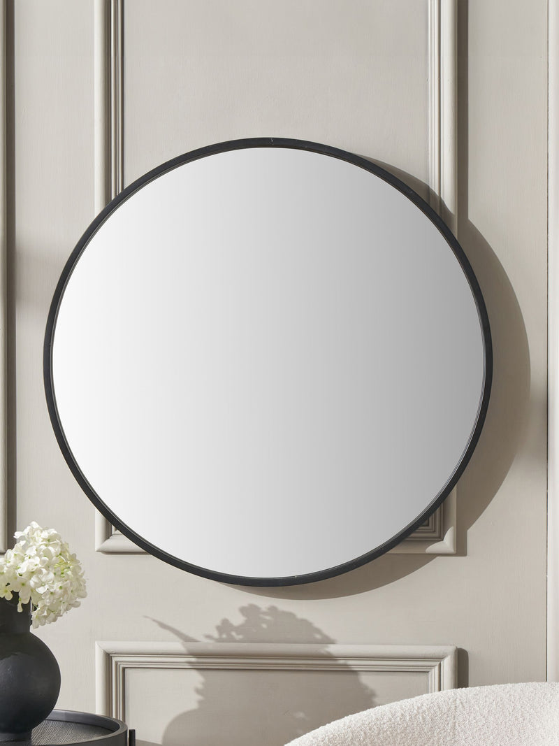 Round wall mirror with black veneer frame and mirrored glass, 74cm, imported from the UK