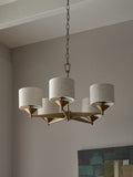 Brass Marston 5 light chandelier with brushed brass finish, imported from the UK